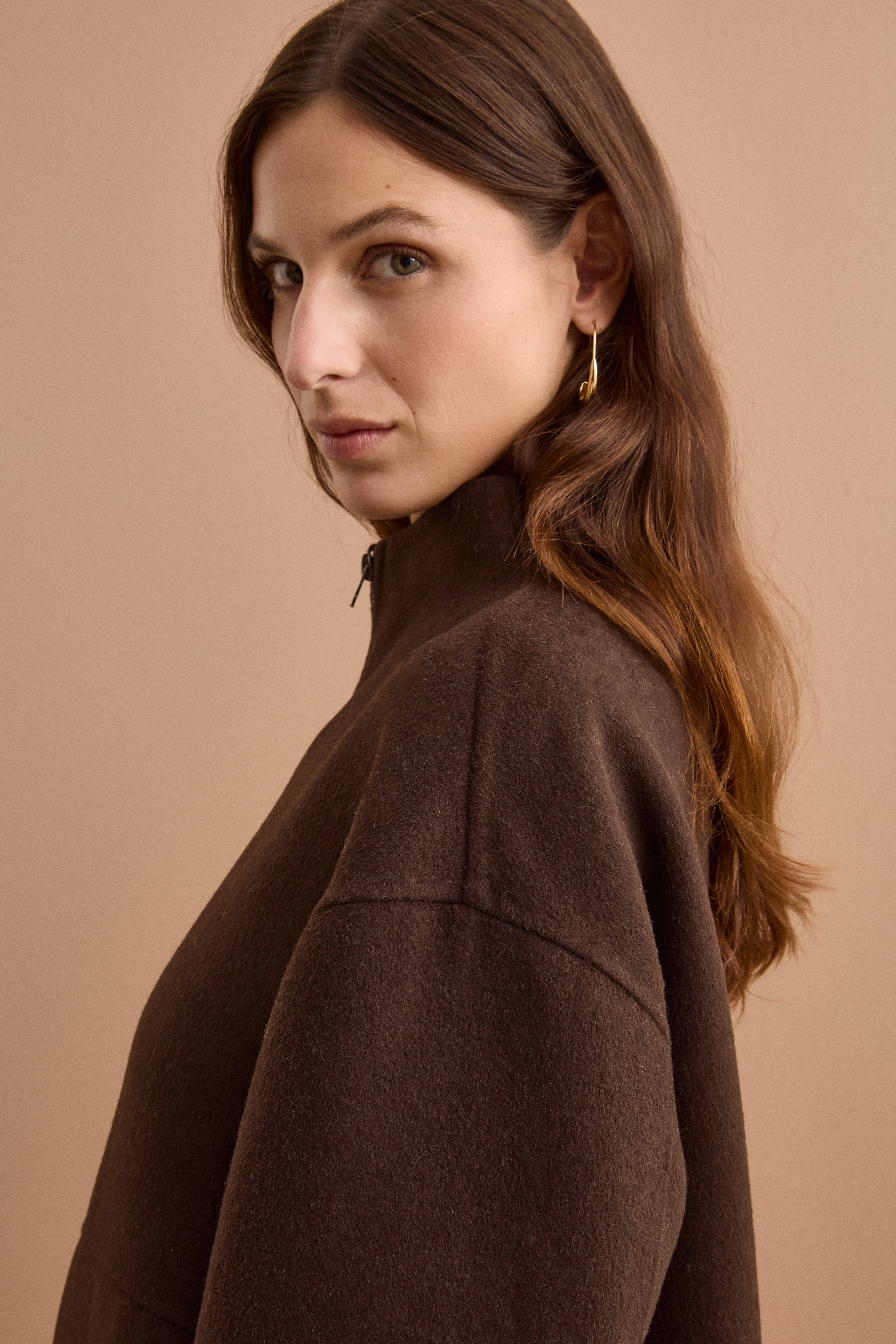 Bomber Boxy con Zip Sfoderato in Misto Lana - MARRONE
