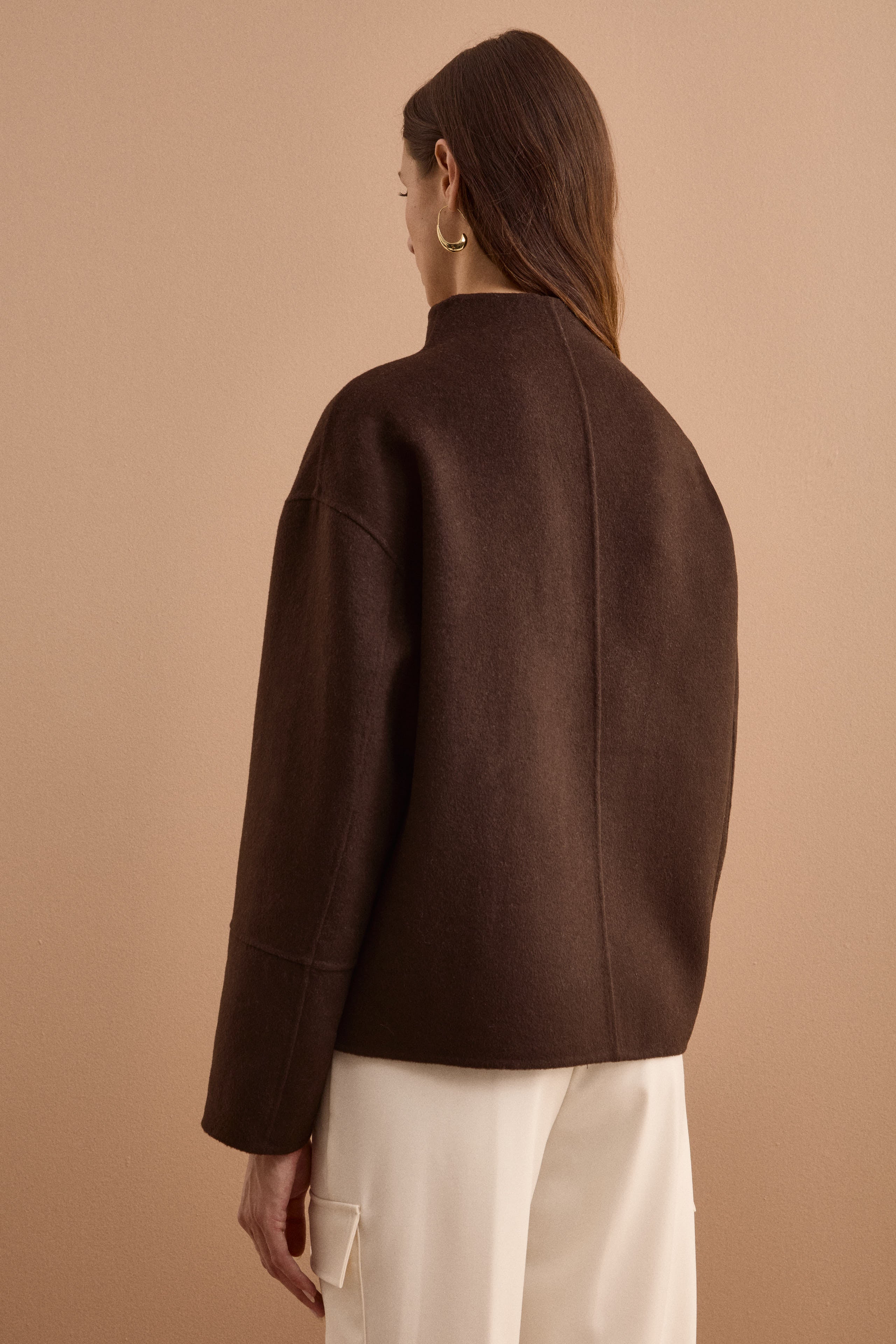 Bomber Boxy con Zip Sfoderato in Misto Lana - MARRONE