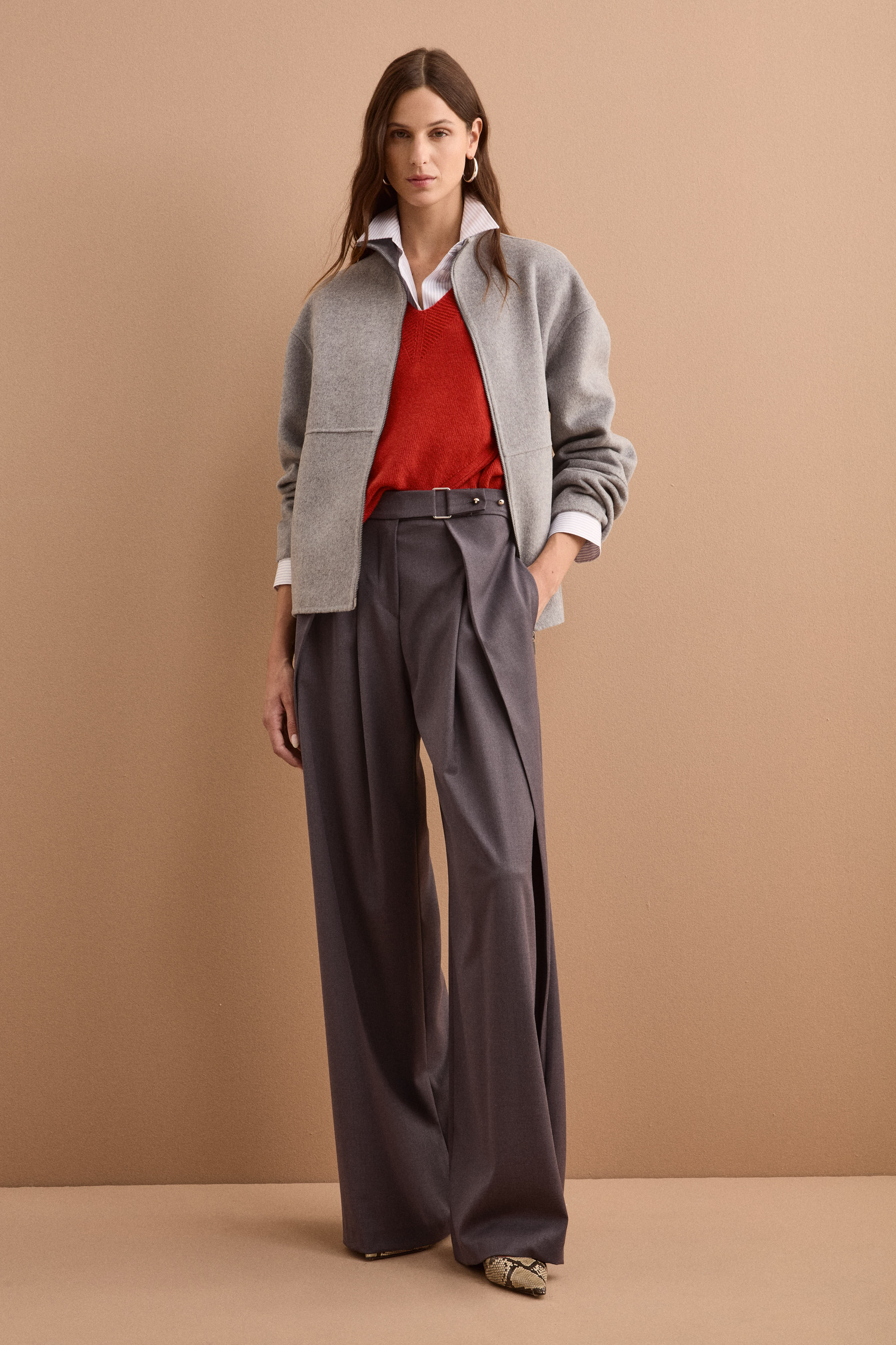 Bomber Boxy con Zip Sfoderato in Misto Lana - GRIGIO