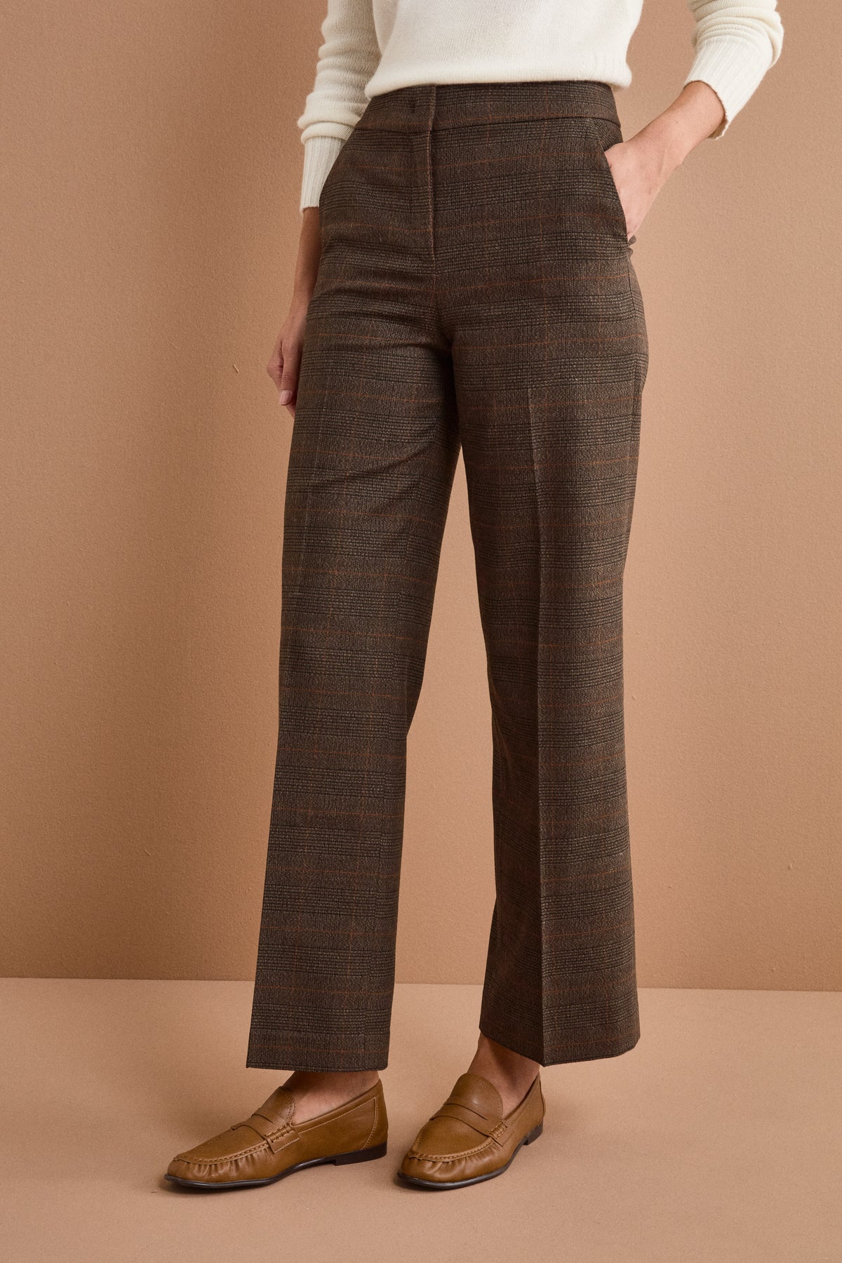 Pantalone Check a Gamba Larga con Pieghe - MARRONE QUADRI