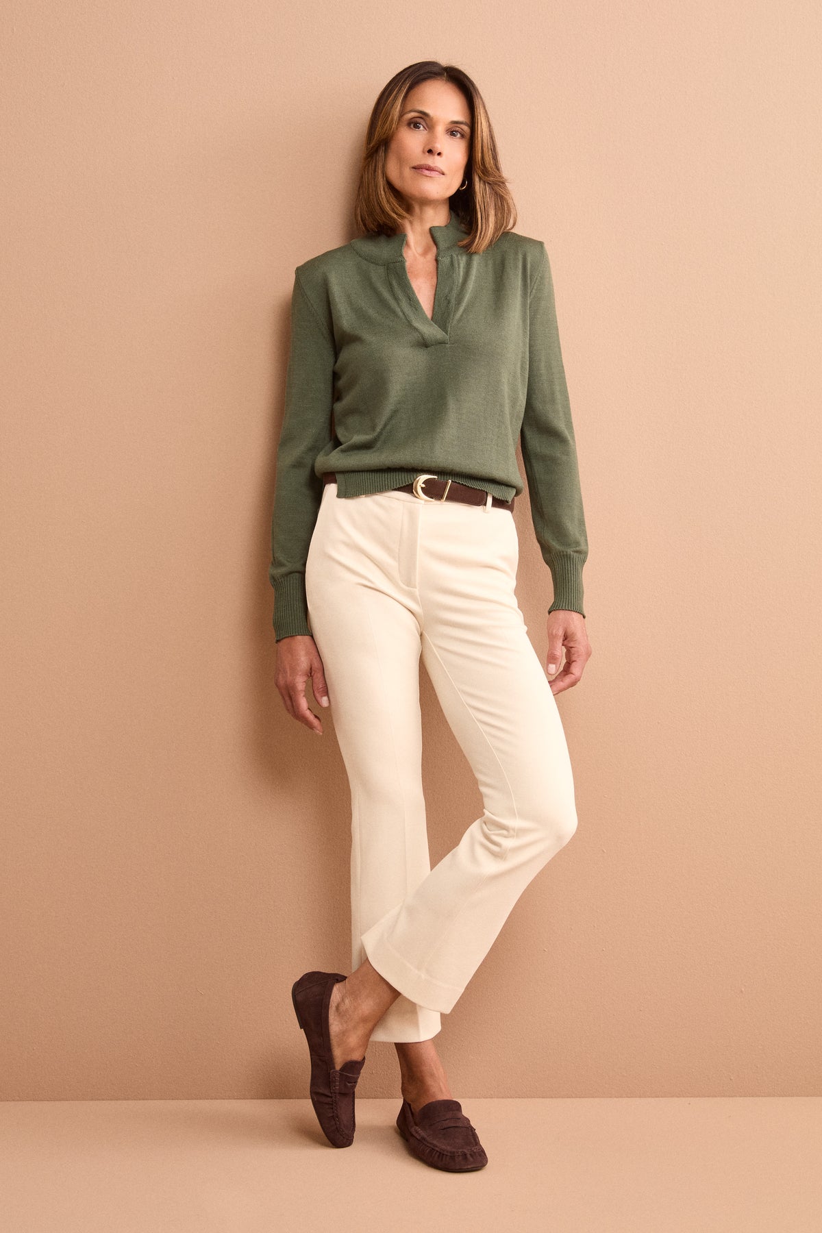 Pantalone Slim Fit con Risvolto in Punto Milano - PANNA
