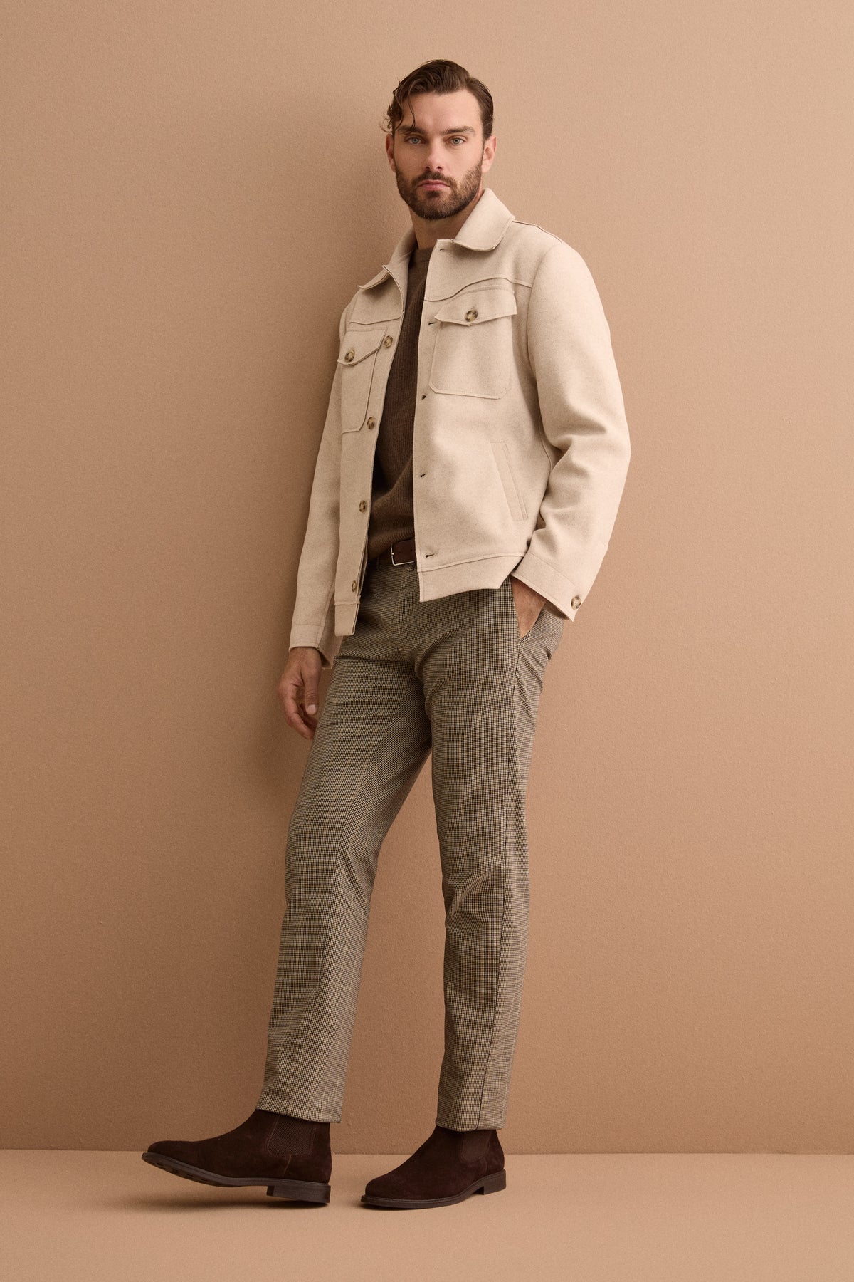 Pantalone Slim Fit Check in Misto Cotone - P/POULE BEIGE