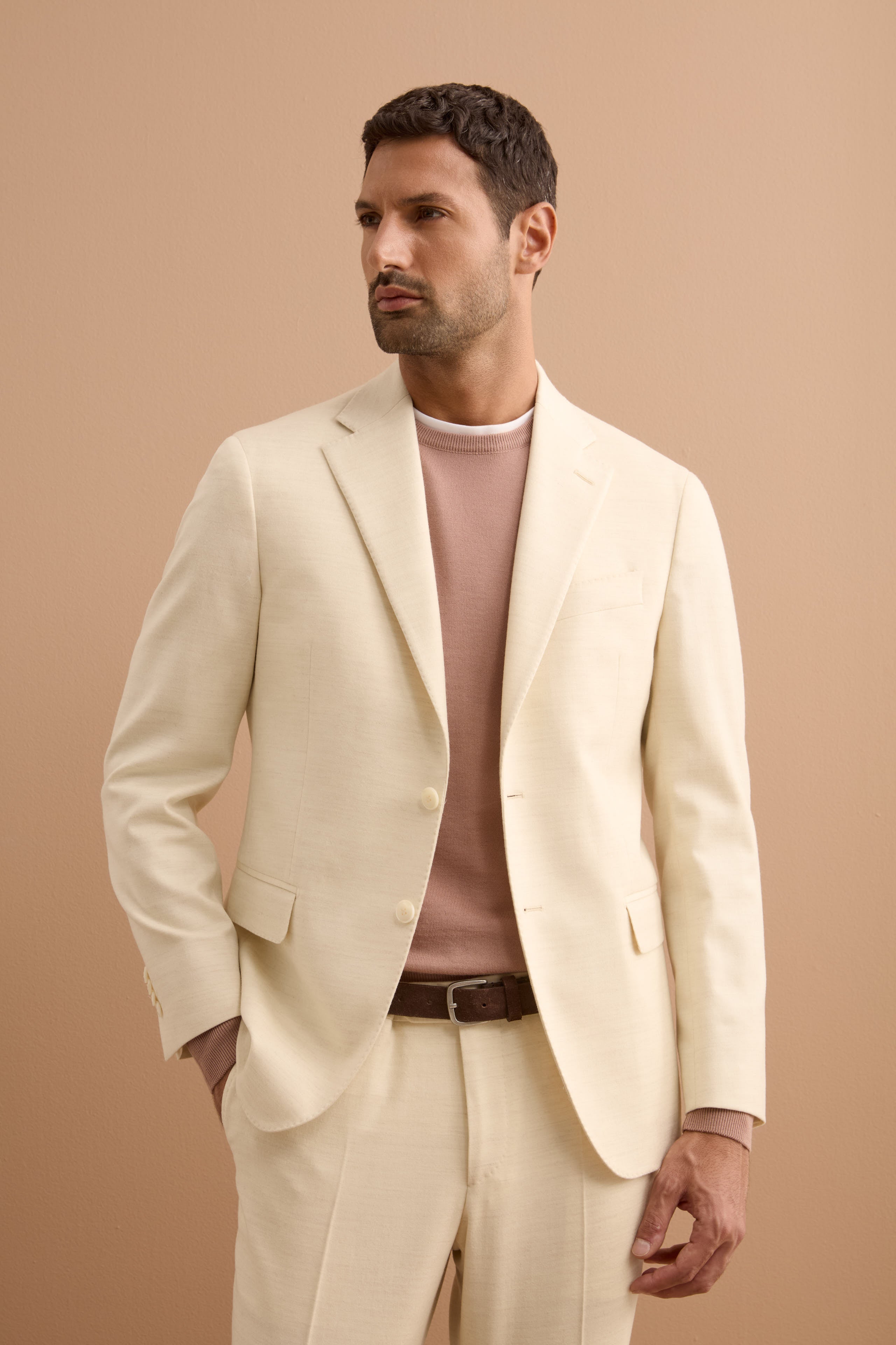 Abito Monopetto Slim Fit in Lana e Cashmere - PANNA