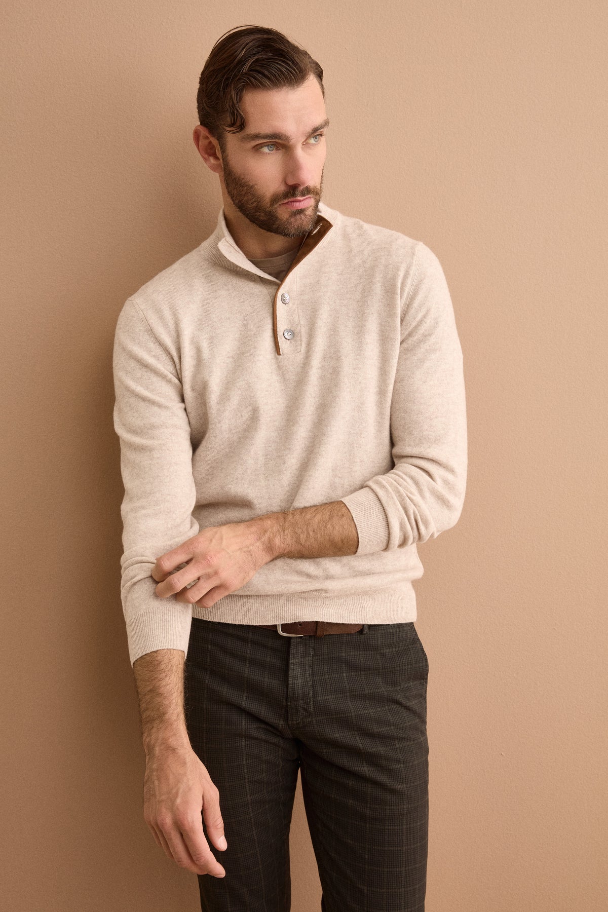 Lupetto in Lana e Cashmere con Collo a Bottoni - BEIGE