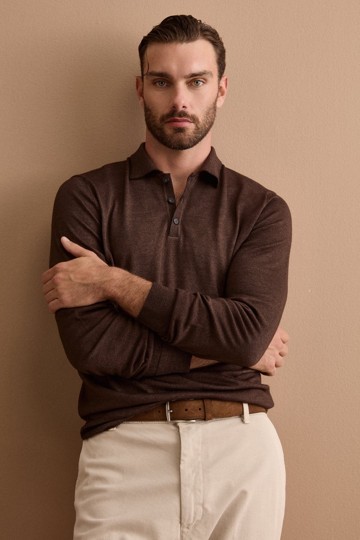 Polo Regular Fit in Lana Merino con Manica Lunga - MARRONE