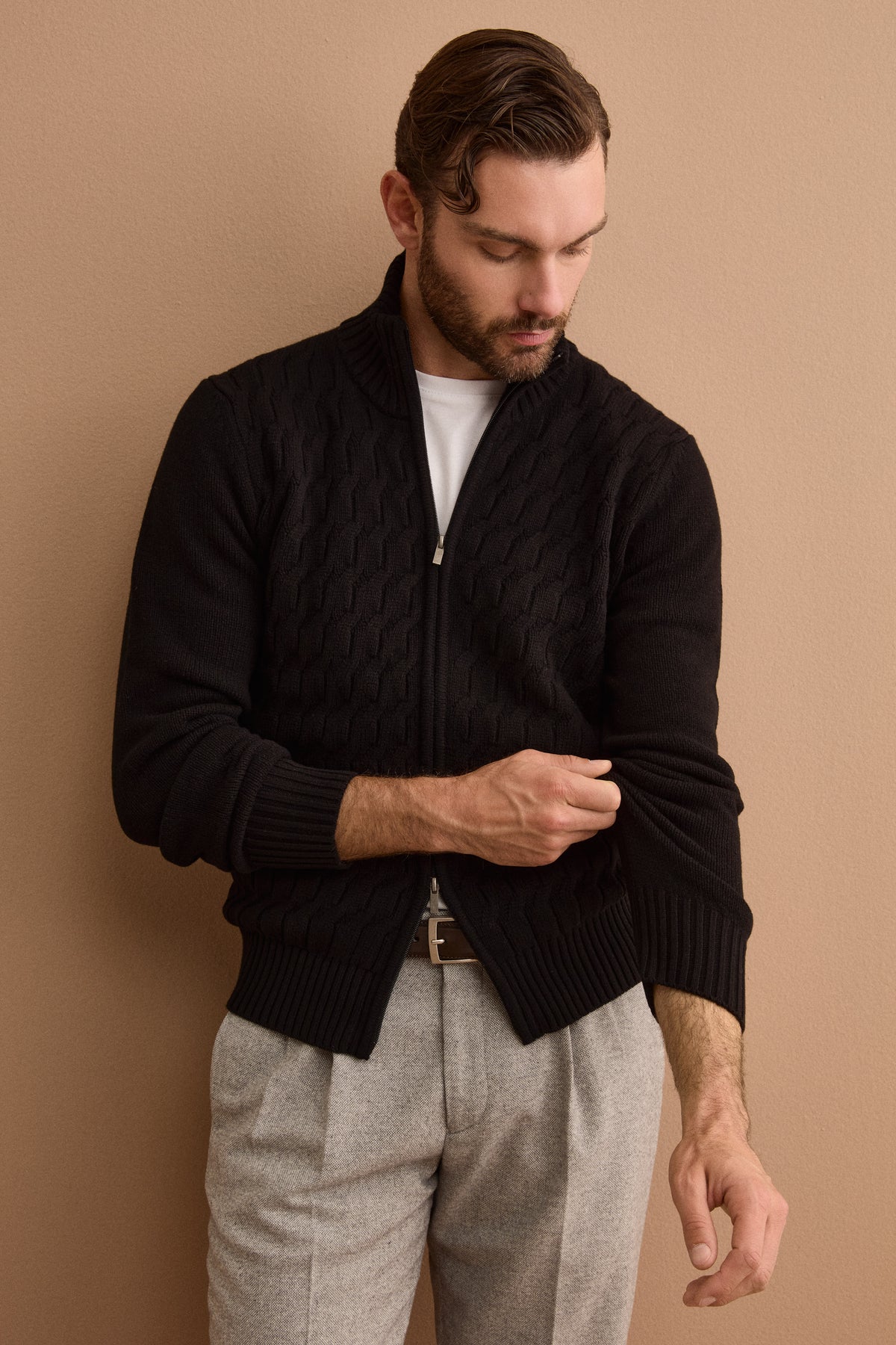 Lupetto a Treccia con Zip in Lana e Cashmere - NERO