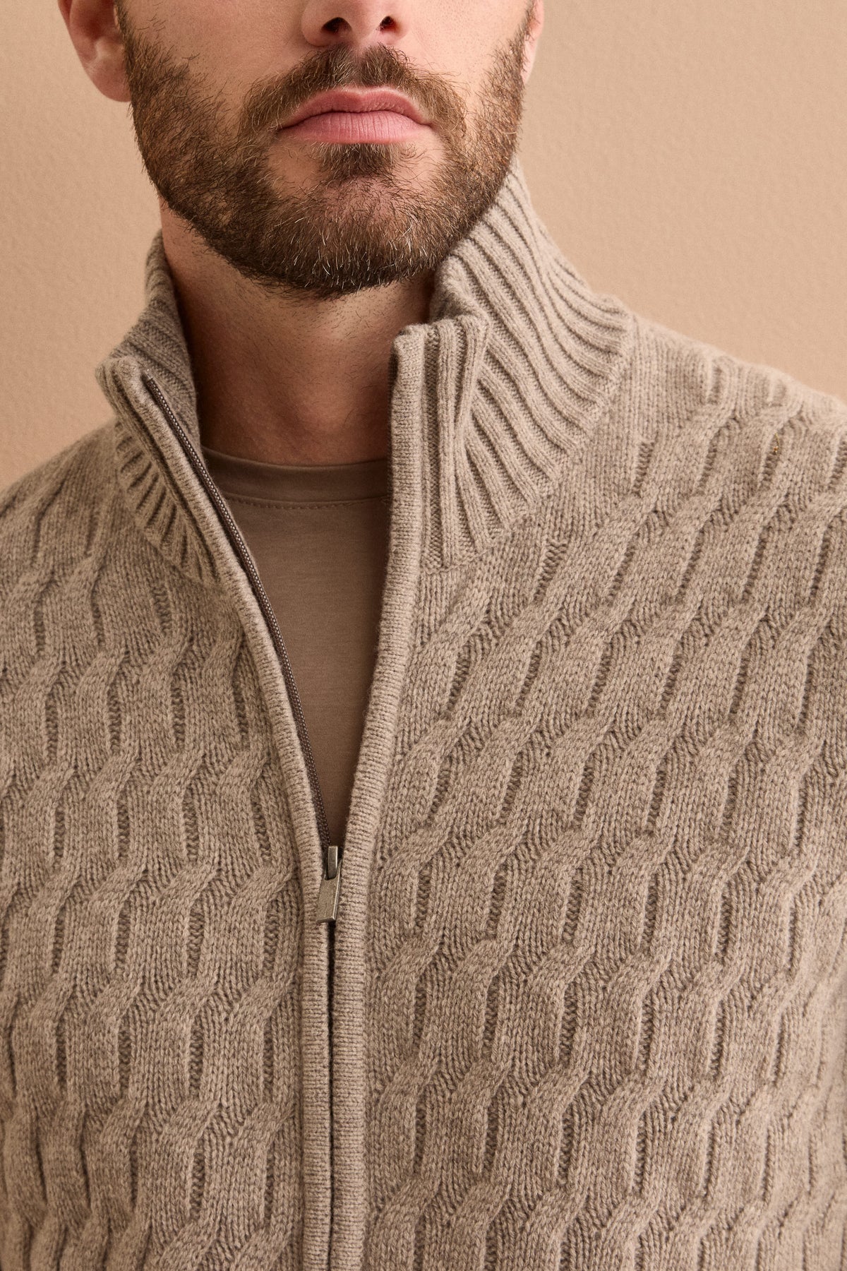 Lupetto a Treccia con Zip in Lana e Cashmere - TORTORA