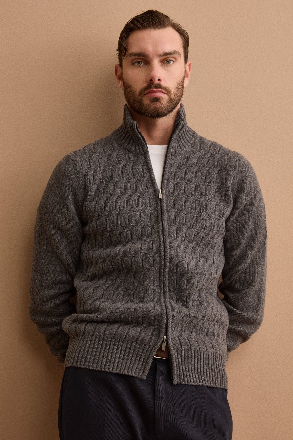 Lupetto a Treccia con Zip in Lana e Cashmere - ANTRACITE