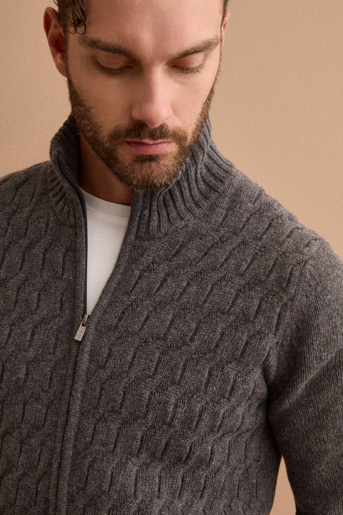 Lupetto a Treccia con Zip in Lana e Cashmere - ANTRACITE
