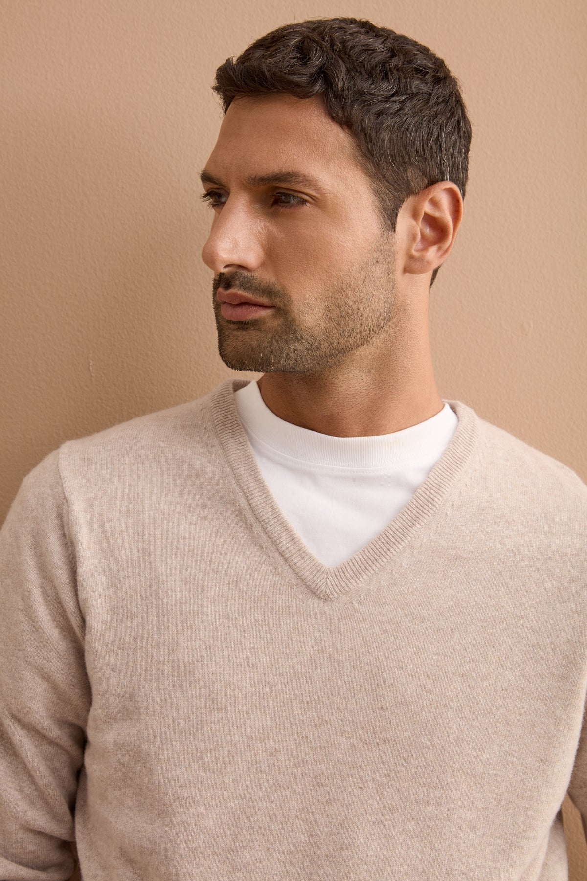 Pullover con Scollo a V in Lana e Cashmere - GESSO