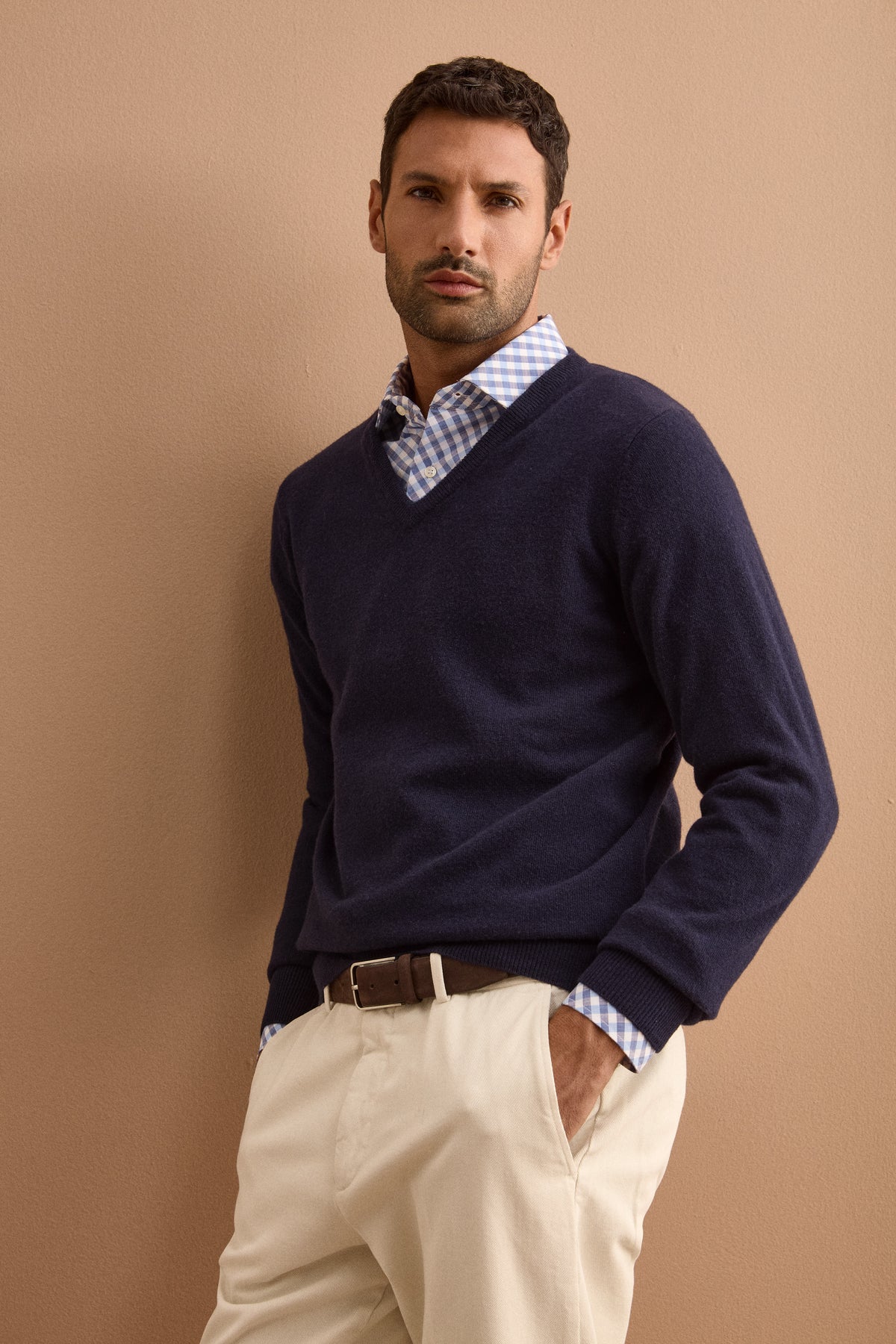 Pullover con Scollo a V in Lana e Cashmere - BLU SCURO
