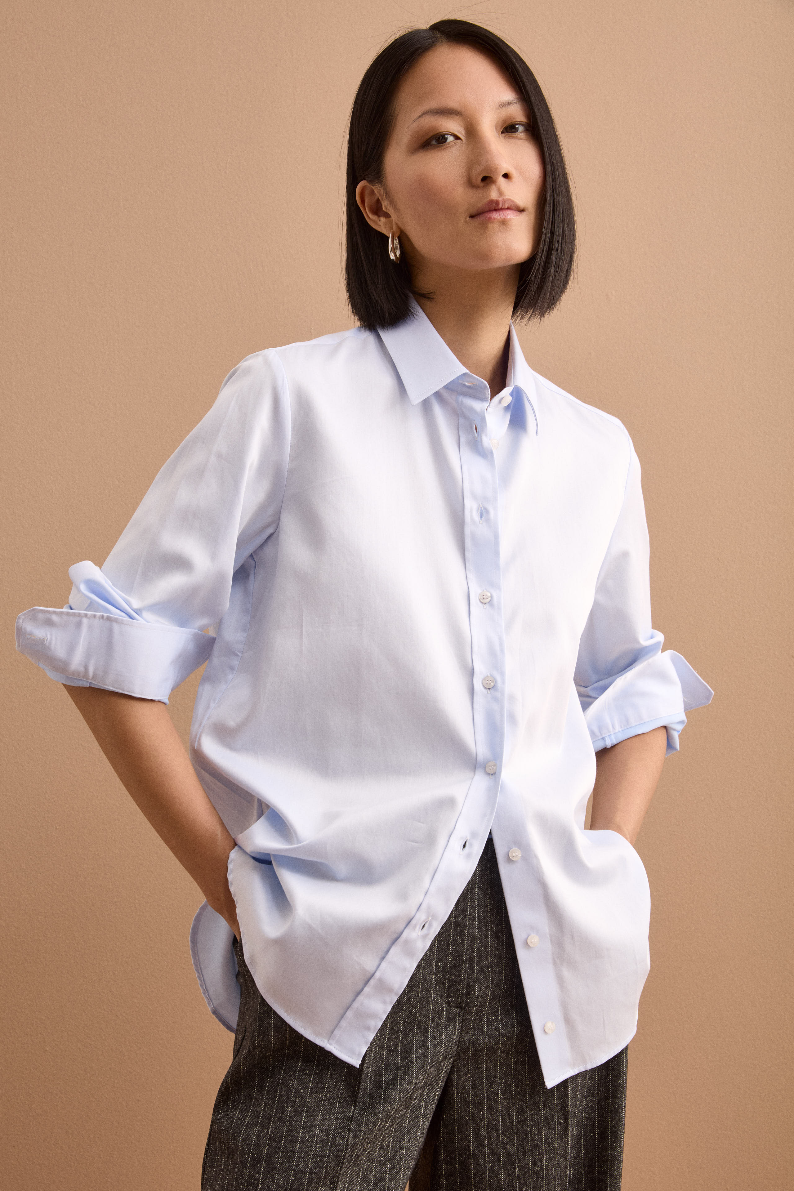 Camicia Over con Pinces in Cotone - AZZURRO