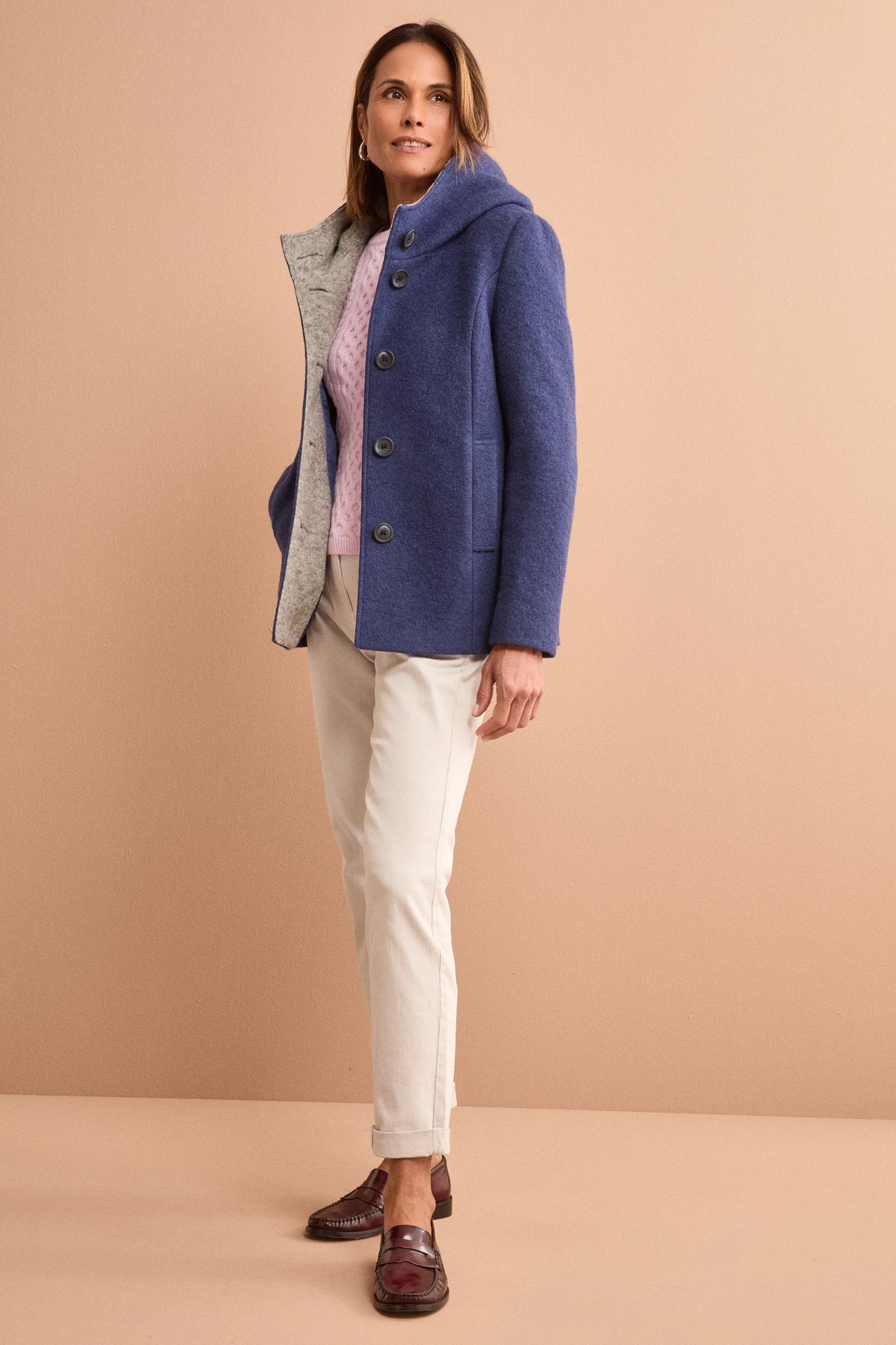 Cappotto Corto con Cappuccio in Misto Lana Cotta - BLU