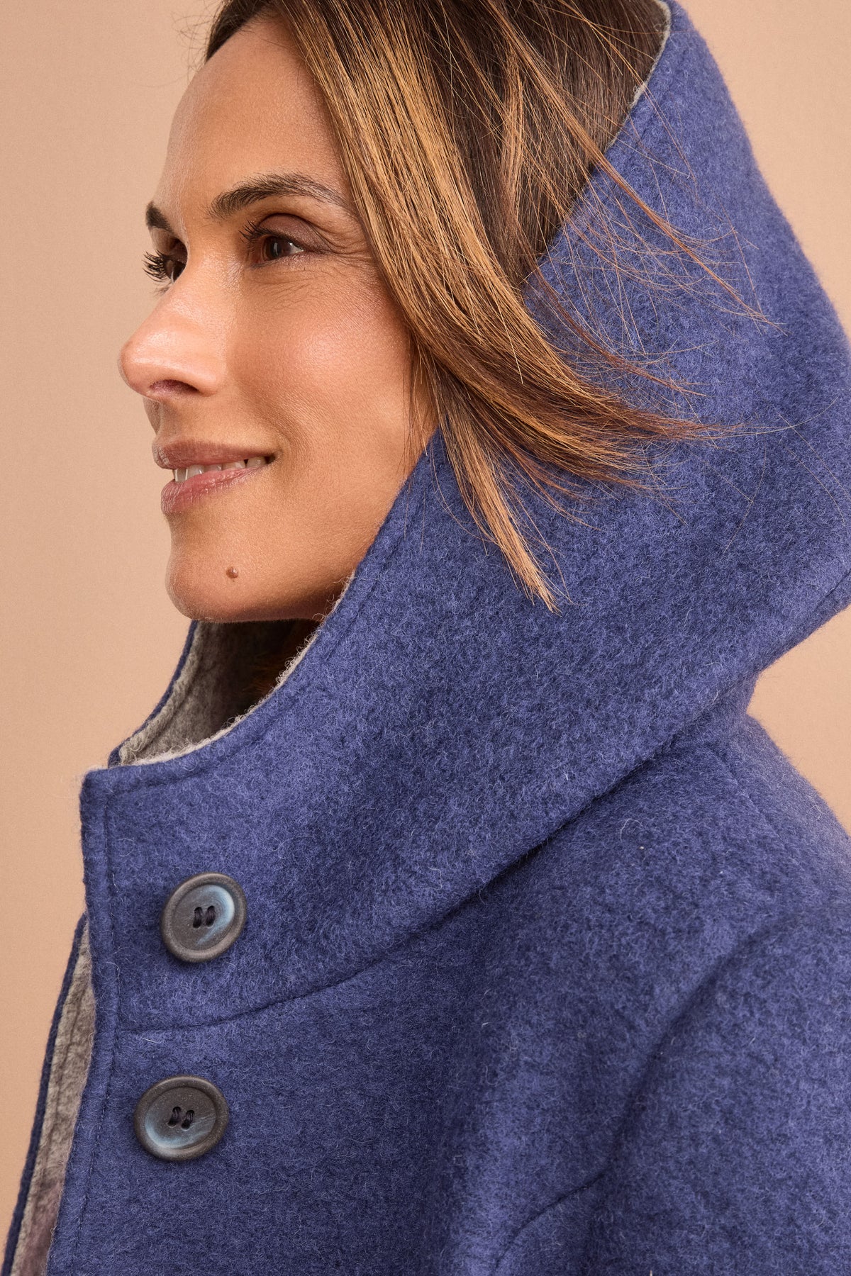 Cappotto Corto con Cappuccio in Misto Lana Cotta - BLU