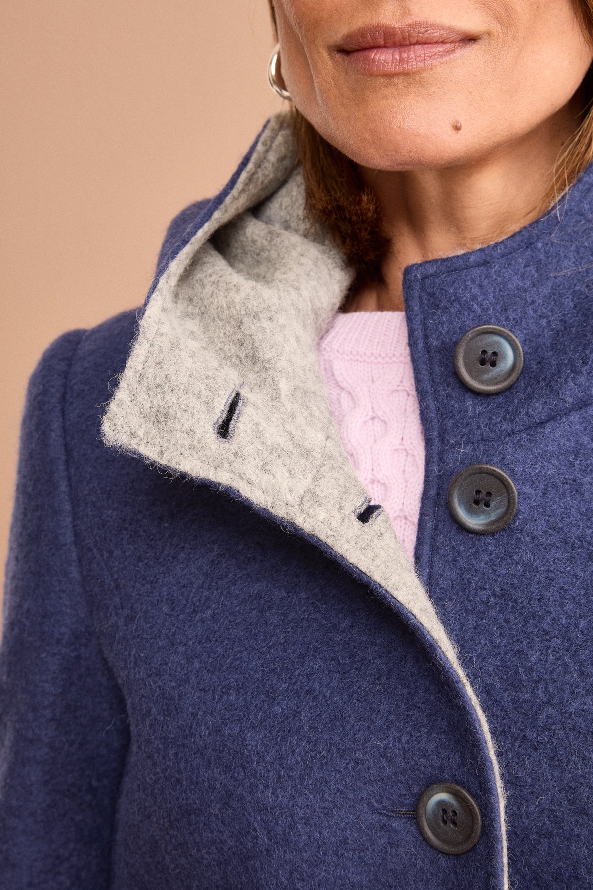 Cappotto Corto con Cappuccio in Misto Lana Cotta - BLU