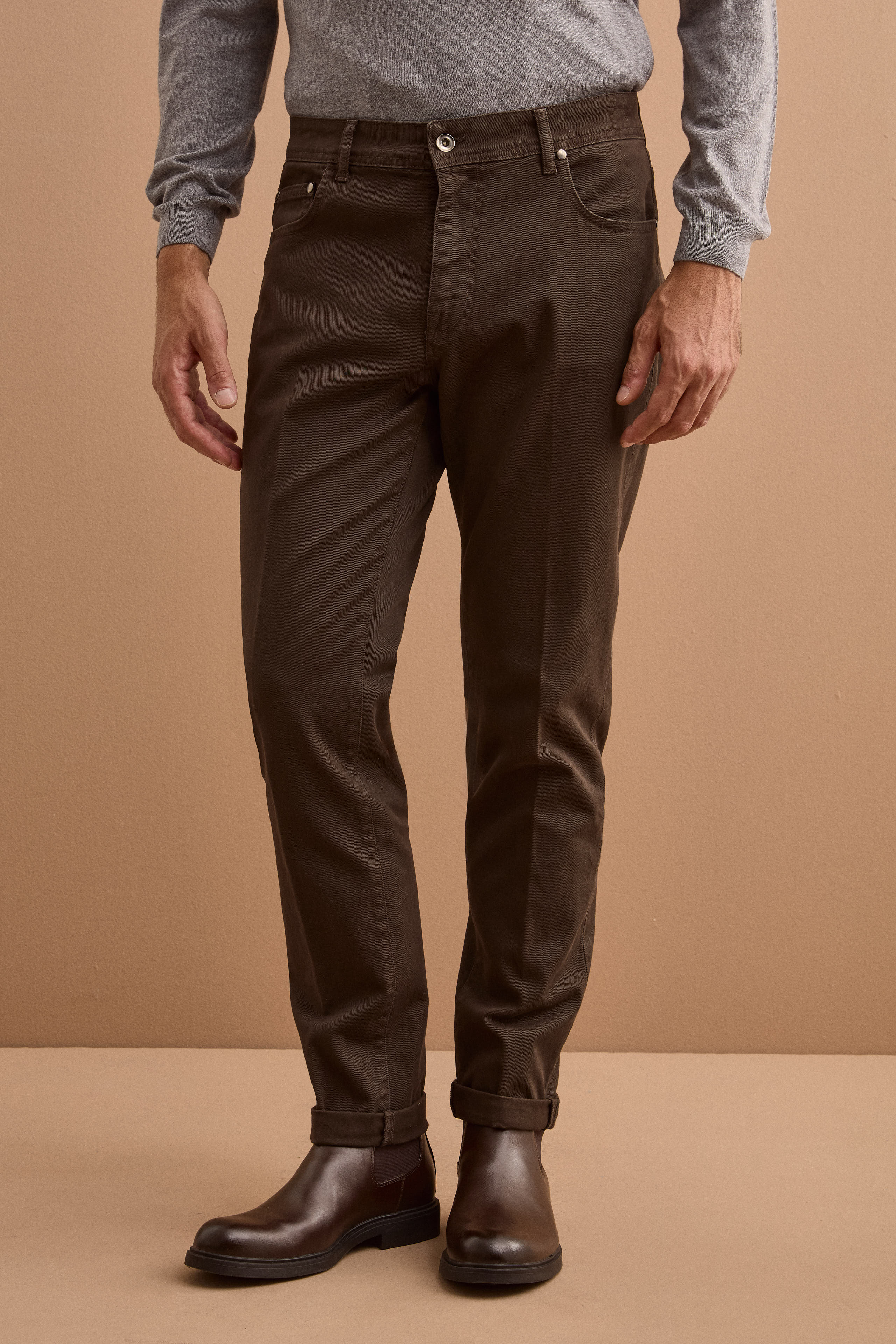 Pantalone Slim Fit Cinque Tasche in Denim - MARRONE