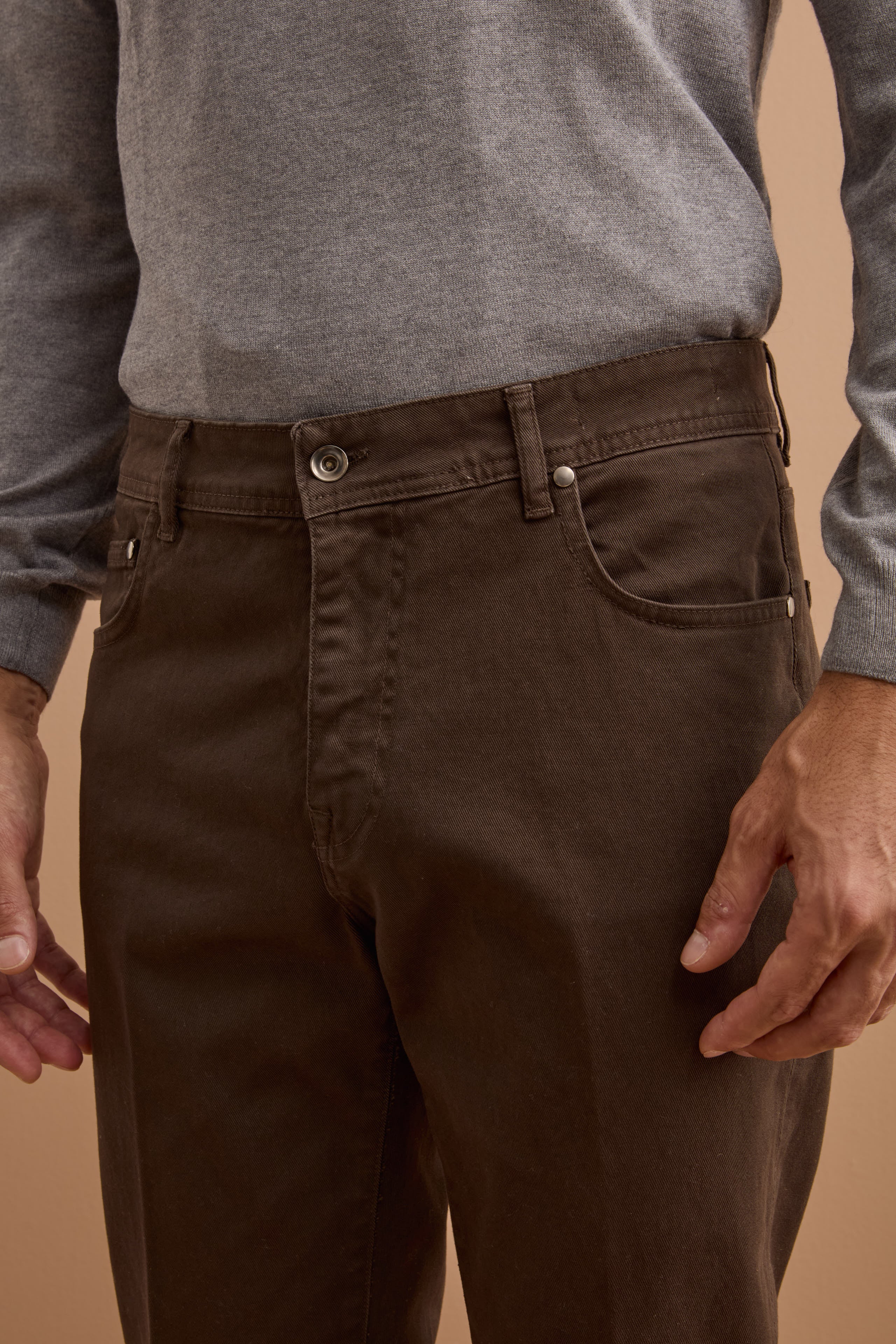 Pantalone Slim Fit Cinque Tasche in Denim - MARRONE