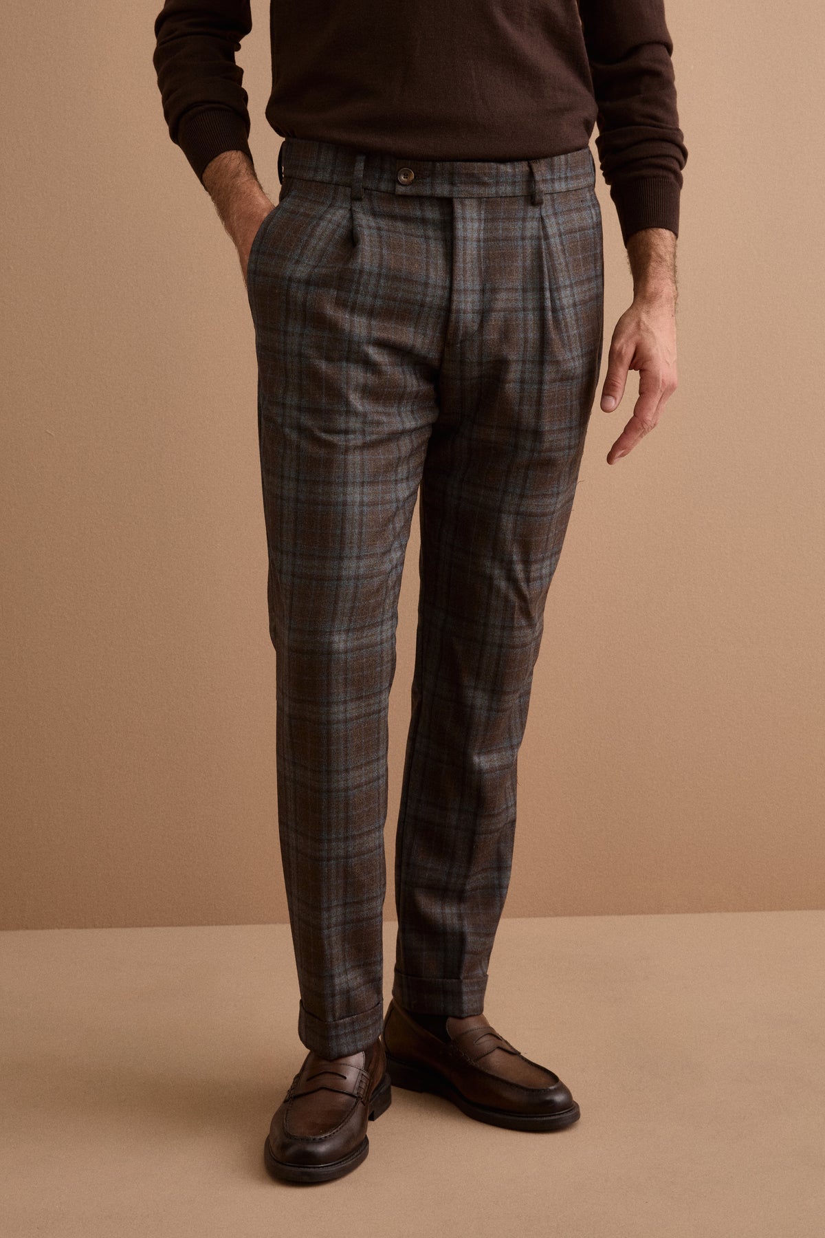 Pantalone Check in Lana con Pinces - BLU QUADRI