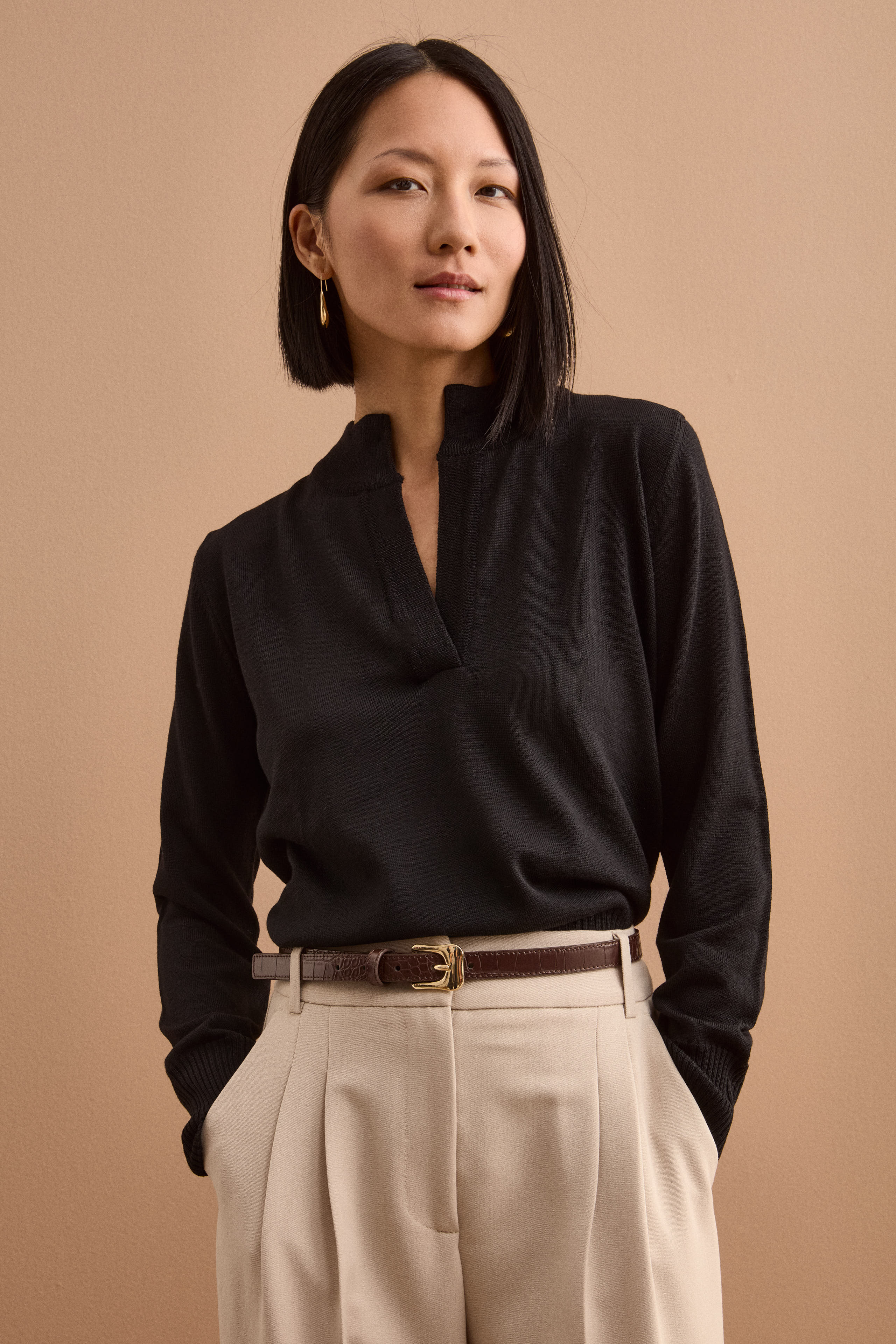 Polo Serafino Manica Lunga in Lana Merino - NERO