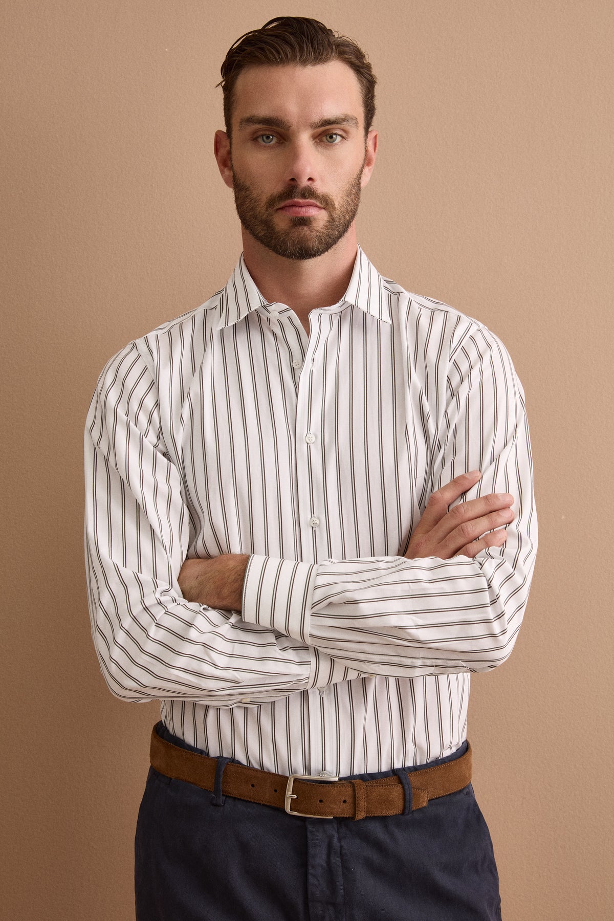 Camicia a Righe con Collo Classico Regular Fit - RIGATO MARRONE/VERDE