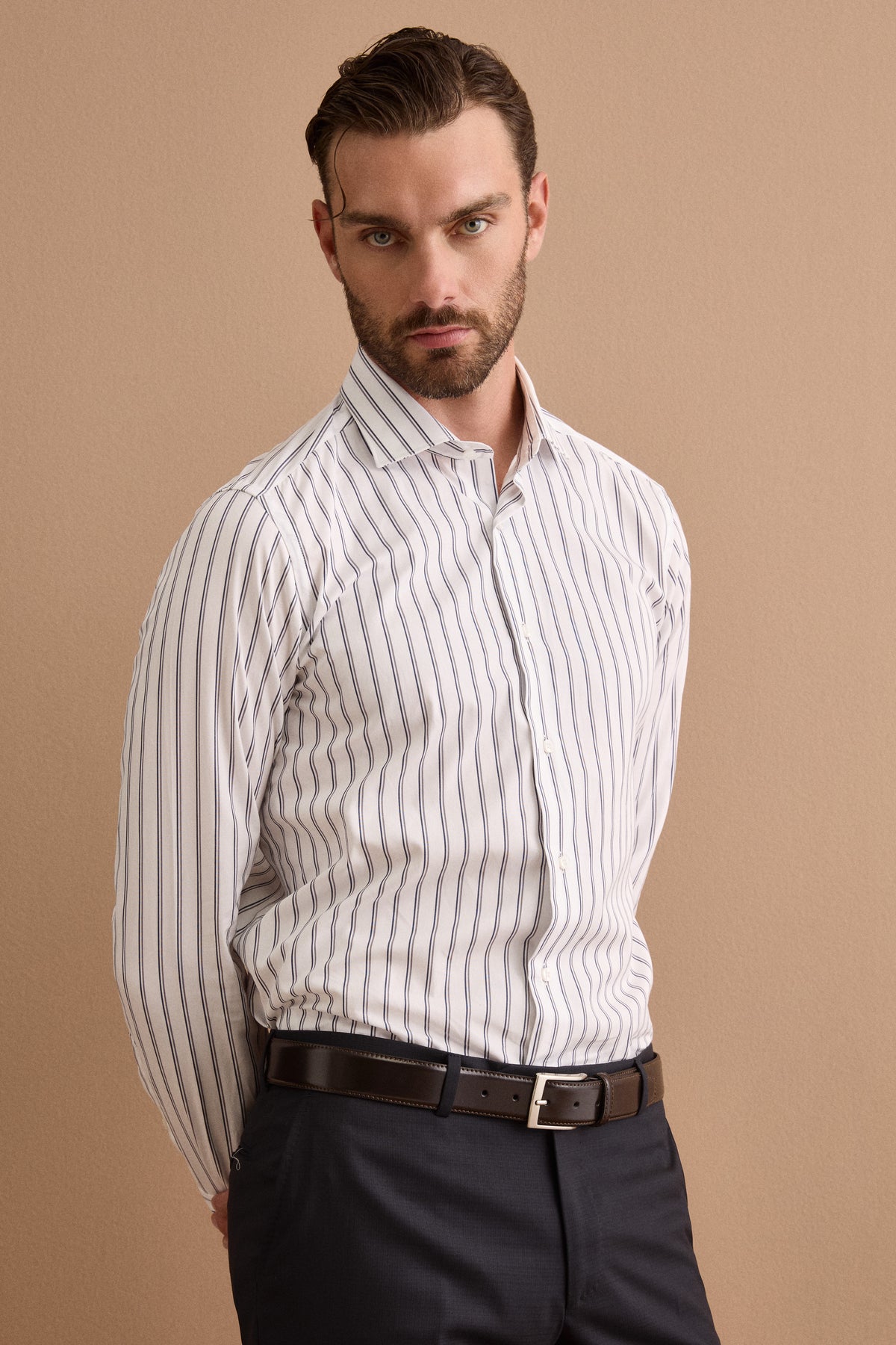 Camicia a Righe in Cotone con Collo Classico Regular Fit - RIGATO BLU