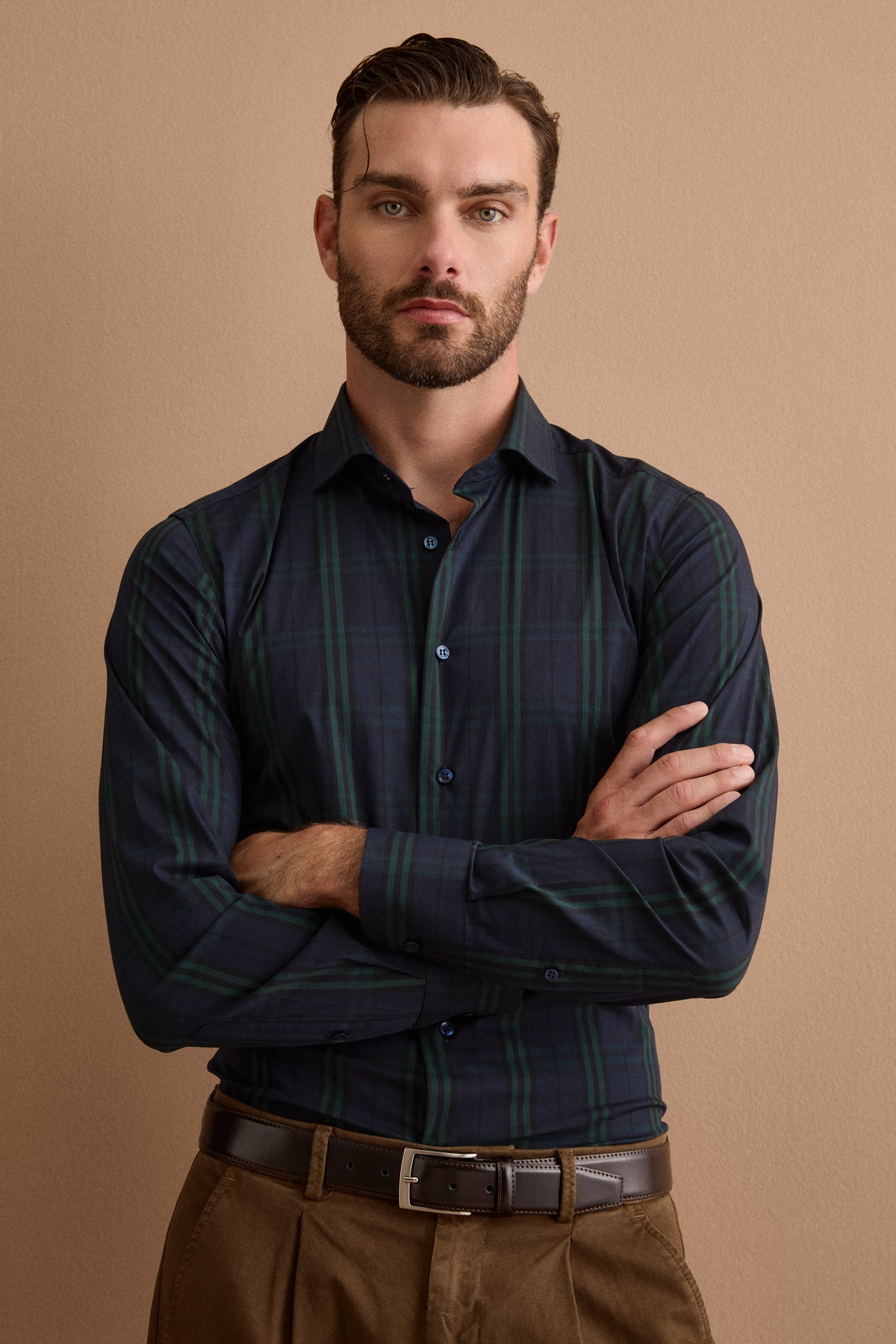 Camicia Check Slim Fit con Collo Francese - BLU QUADRI