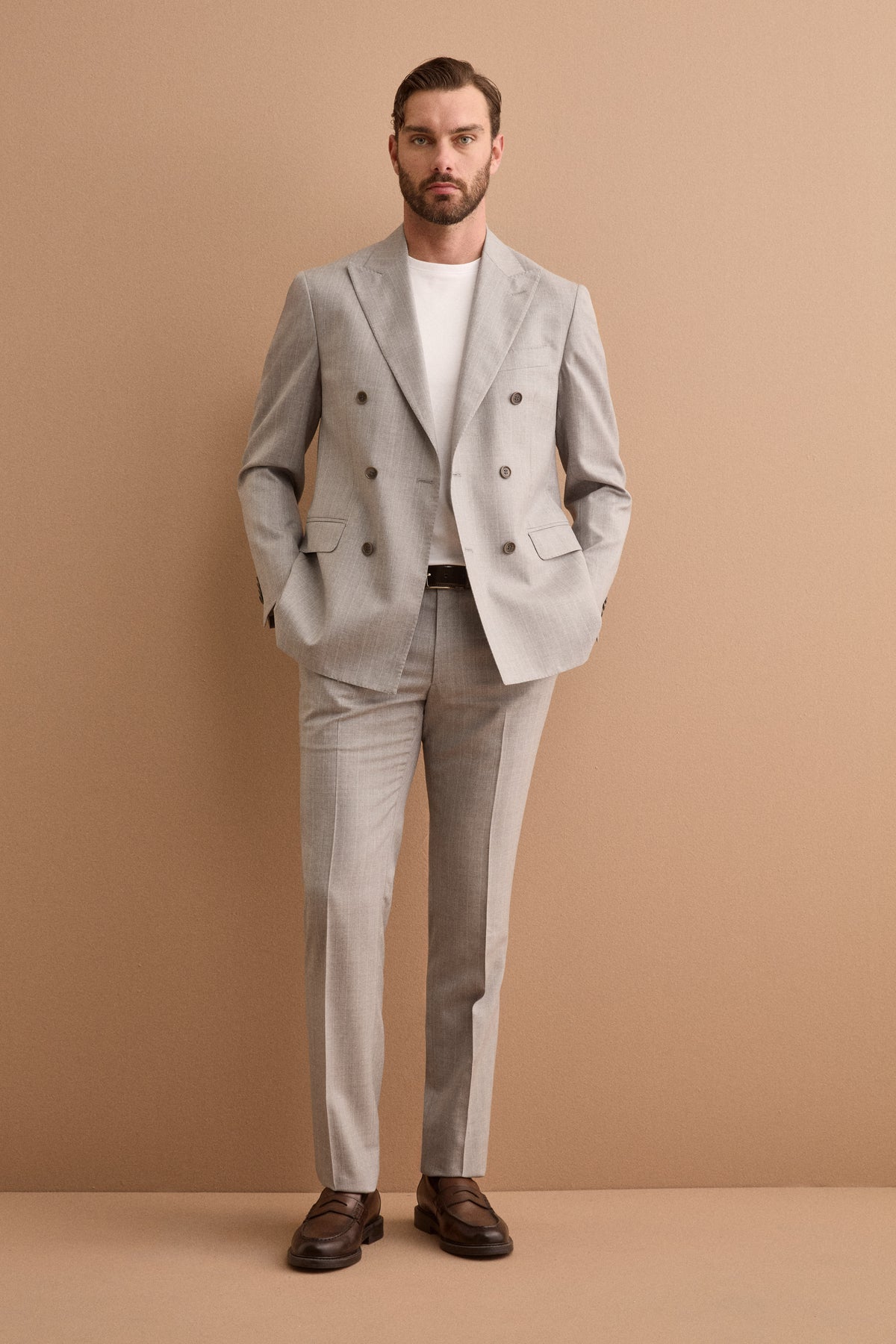 Abito Doppiopetto Slim Fit in Lana Vergine Nobility 150's - GRIGIO CHIARO RIGATO